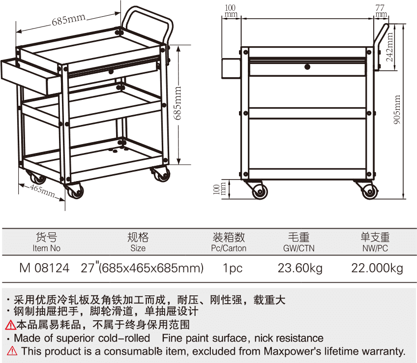 三層單抽屜工具車(圖1)