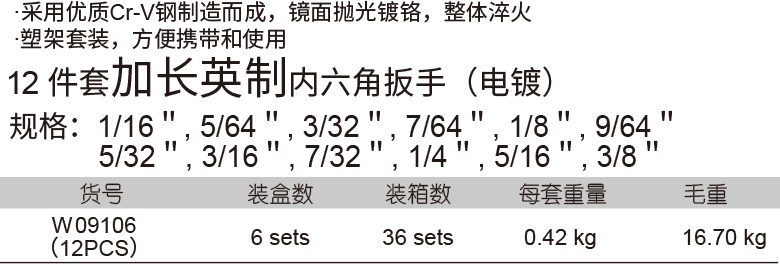 球頭電鍍加長(zhǎng)內(nèi)六角板手組套（英制）(圖1)